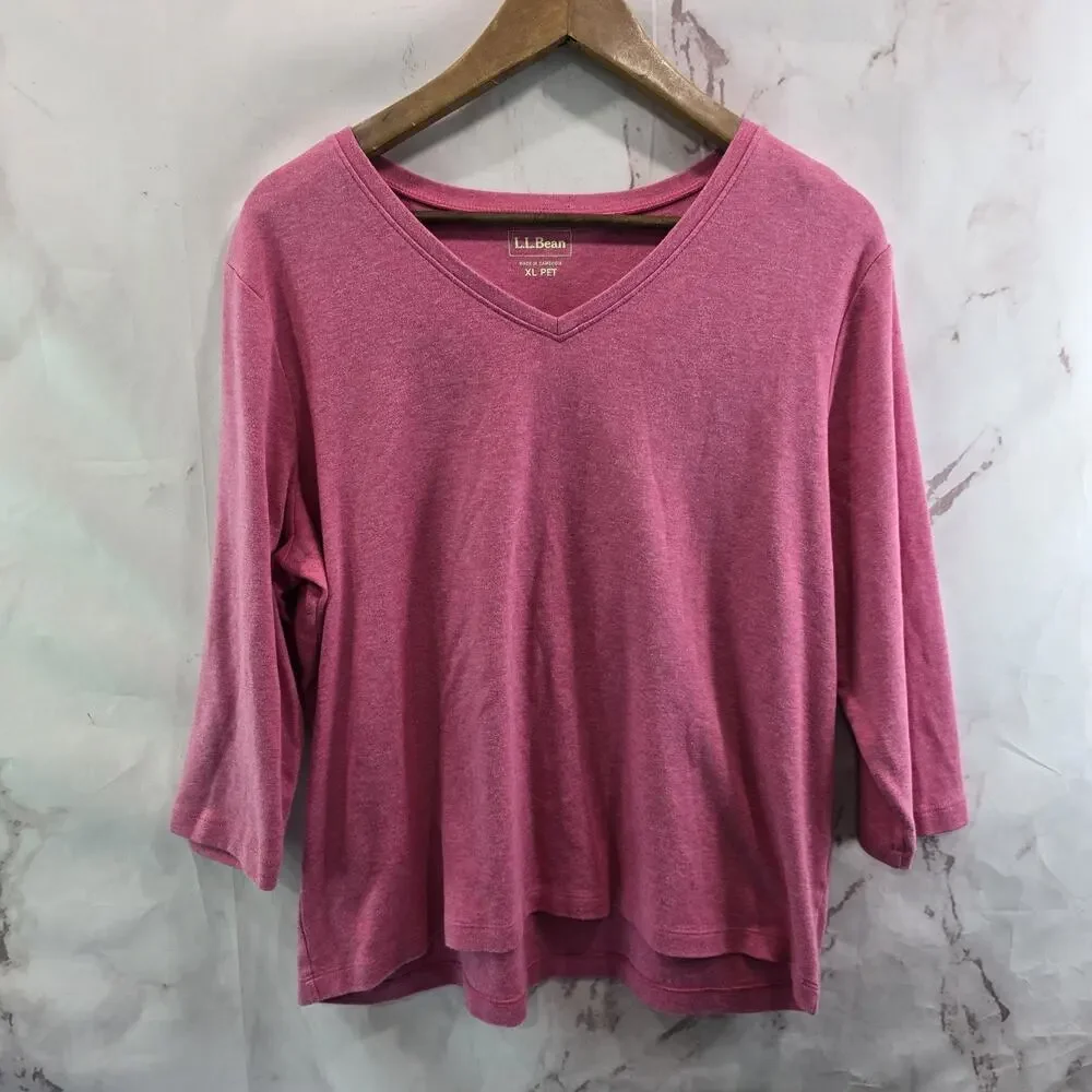 LL Bean Shirt Womens XL Petite P Pink Three Quarter Sleeve V Neck